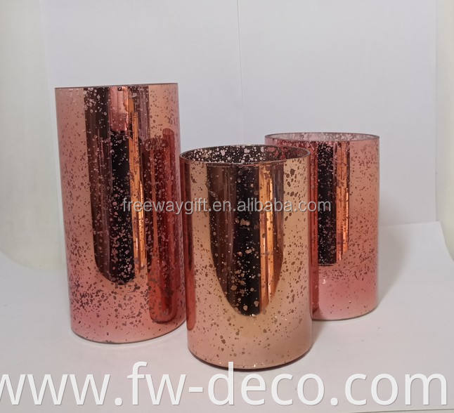 custom electroplated rose gold colored mercury cracked decoration cylinder hurricane glass candle holder